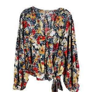 Easel blue red white floral wrap boho blouse top small